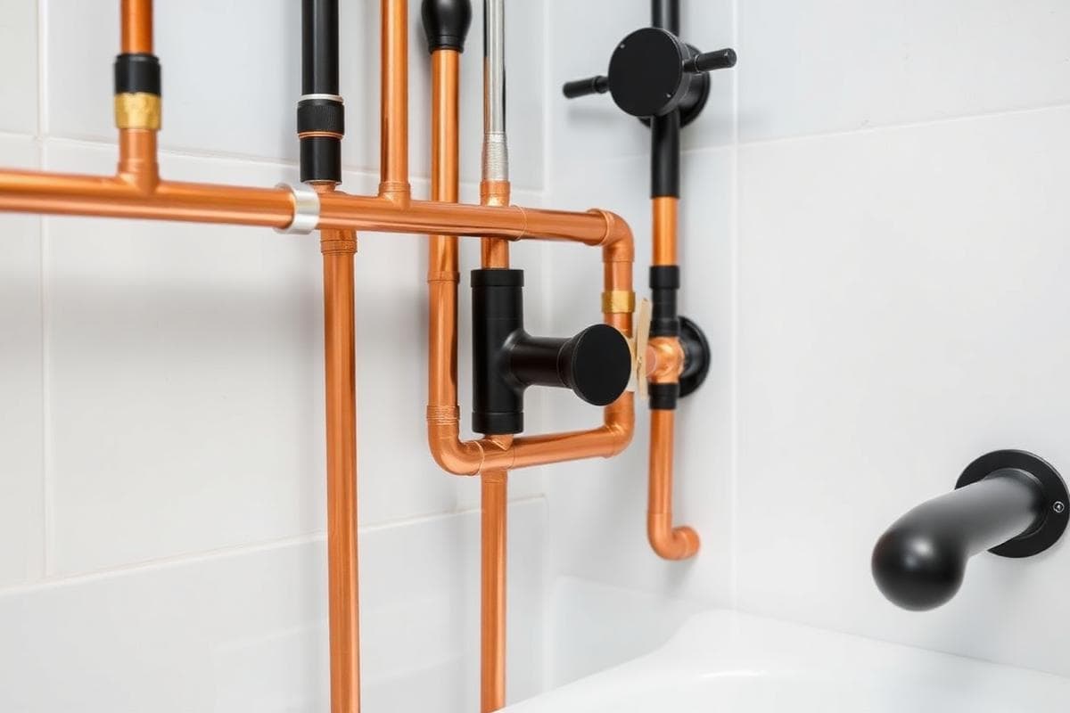 Koperen waterleidingen en zwarte kranen voor de afwerking van een badkamer