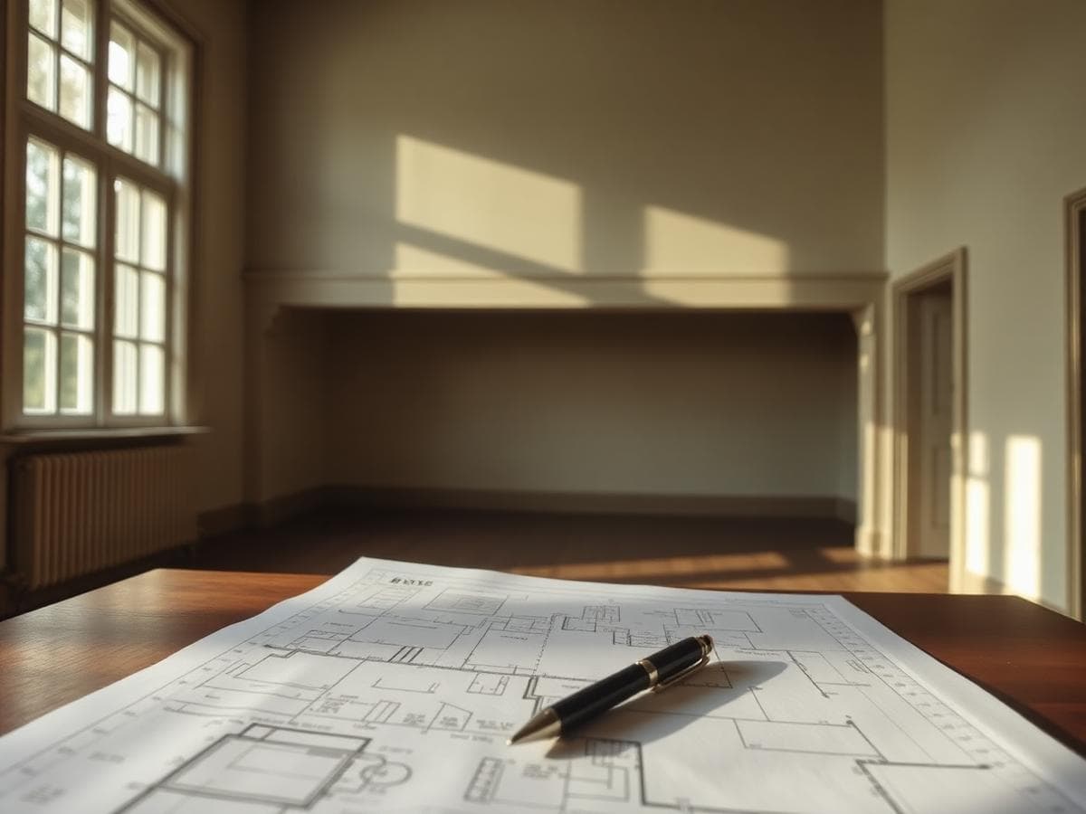 Bouwplan op tafel in een lege kamer met hoge ramen
