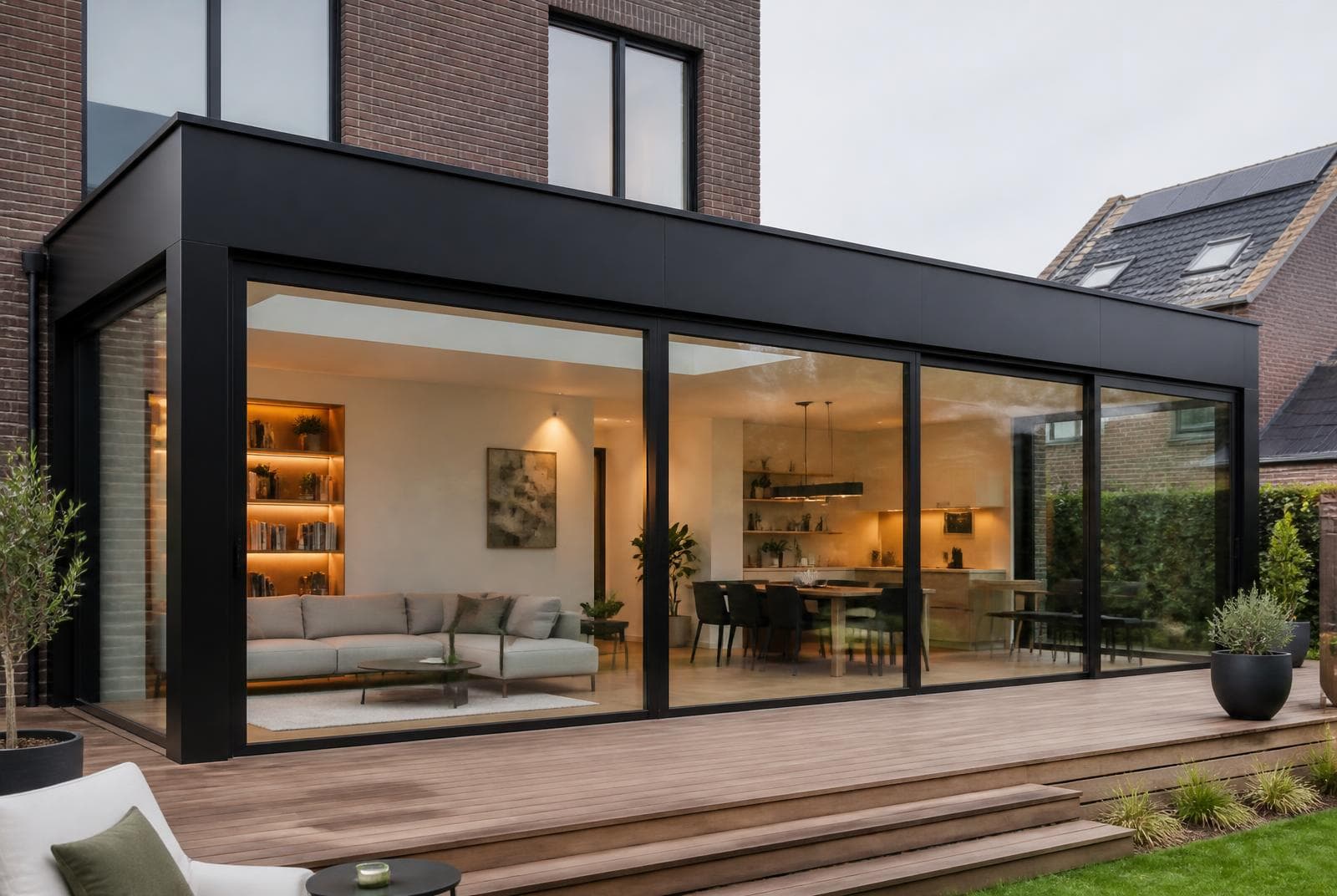 Aanbouw met plat dak, grote glazen schuiframen en houten terras
